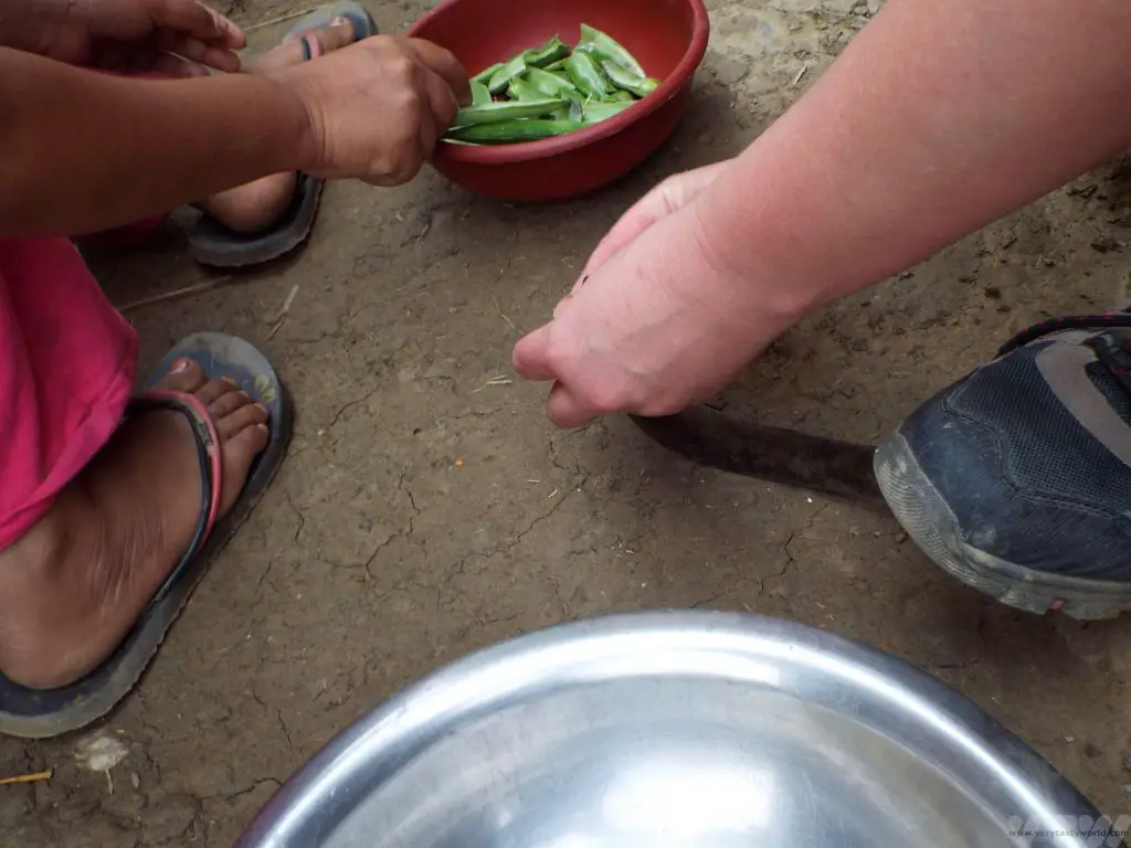 Chitwan National Park Tharu Village slicing vegetables