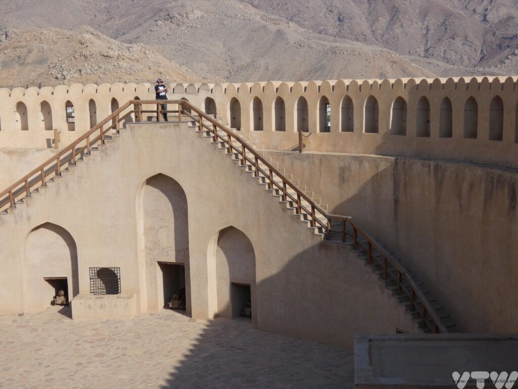 inside Nizwas fort - steps to view hte surrounding area