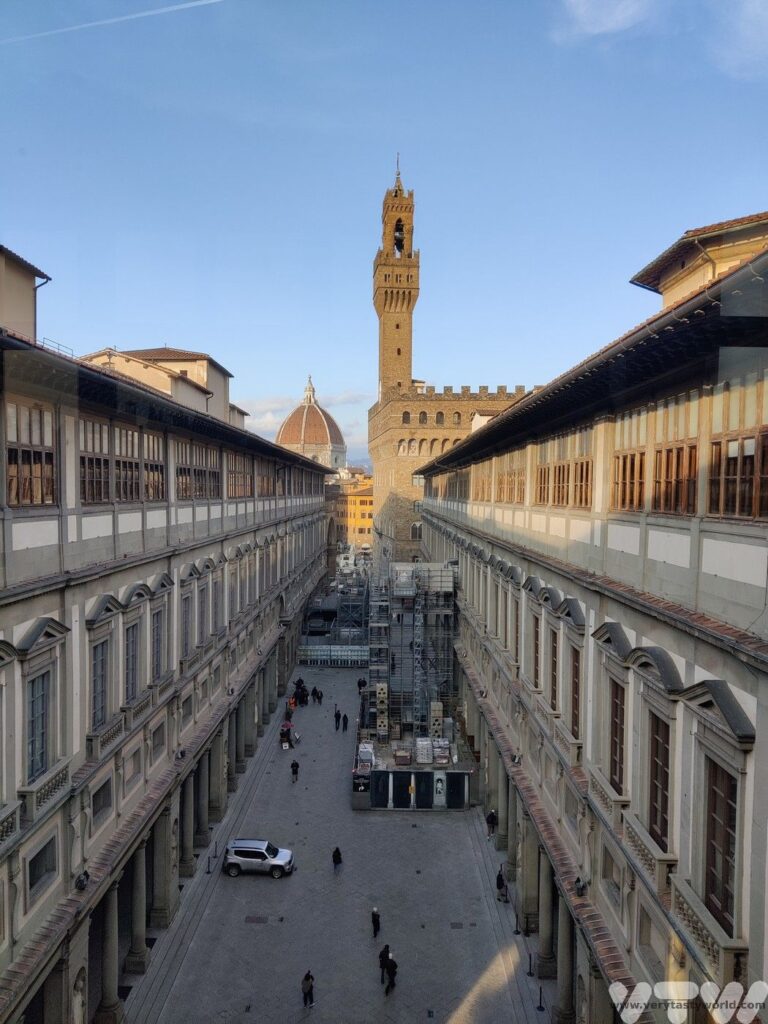 Uffizi gallery exterior showing palazzo vecchio and the duomo in the background