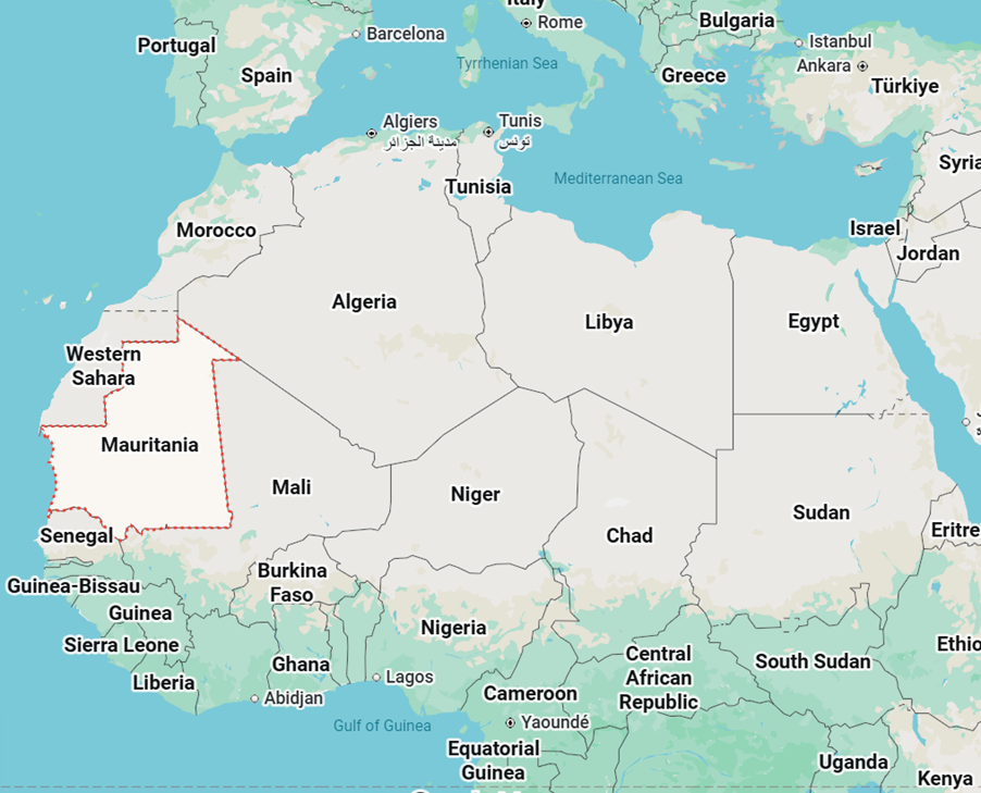 Map of north Africa showing Mauritania