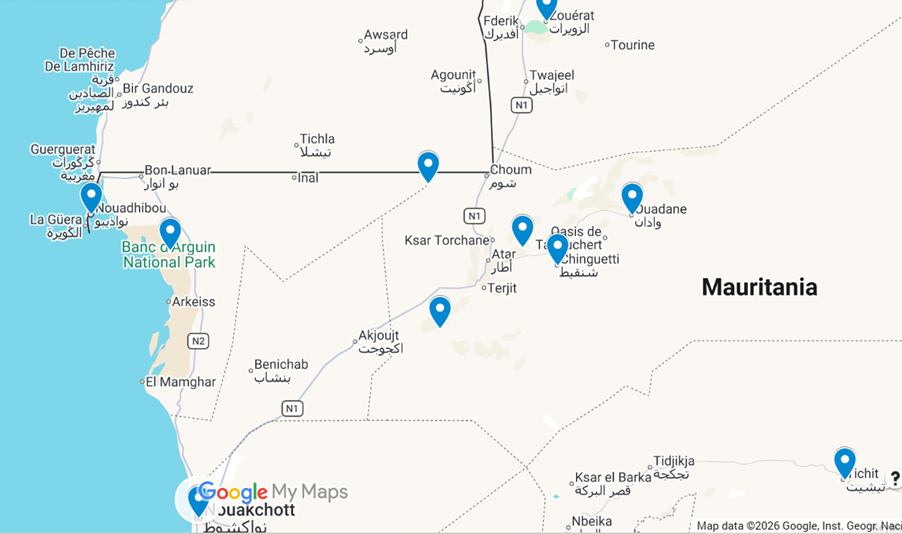 Map showing key things to do in Mauritania 