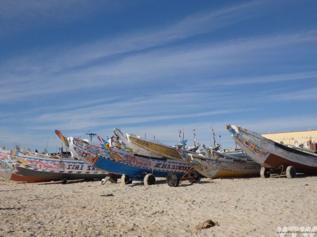 Nouakchott beach with colourful fishing boats