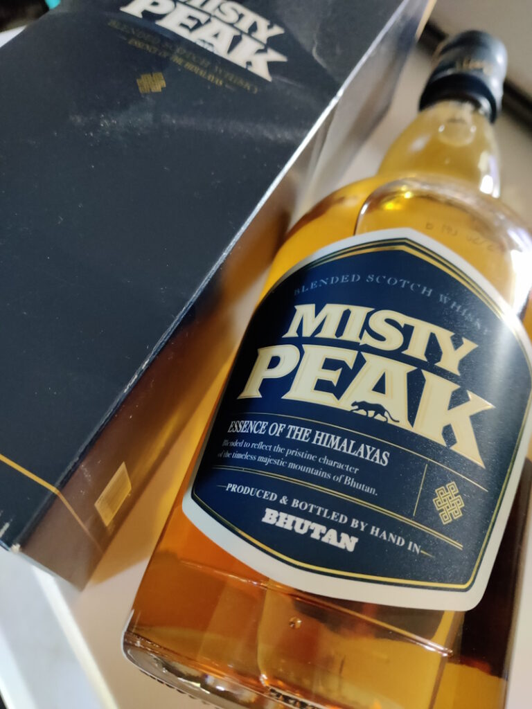 A bottle of Bhutanese whiskey called Misty Peak