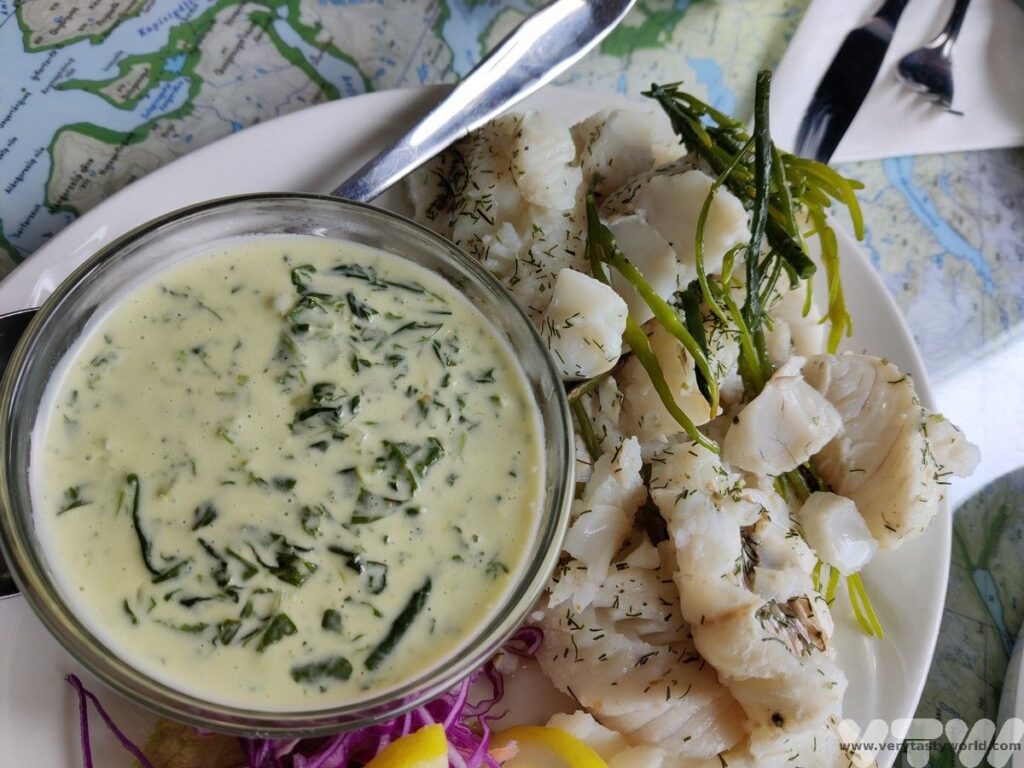 fish with local seaweed at Qooqqut Nuan restaurant, Nuuk ice fjord