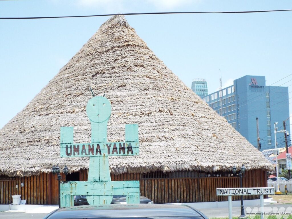 Umana Yana a circular thatched building built by Amerindians in Guyana