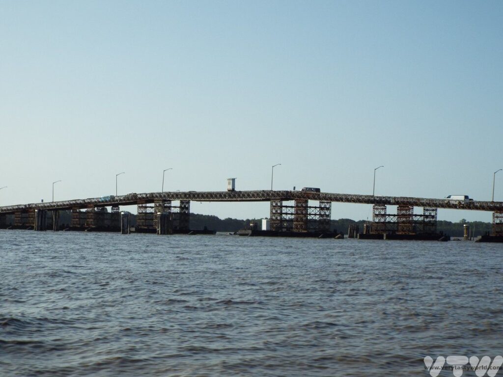 Temporary bridge crossing water - the river Demarara