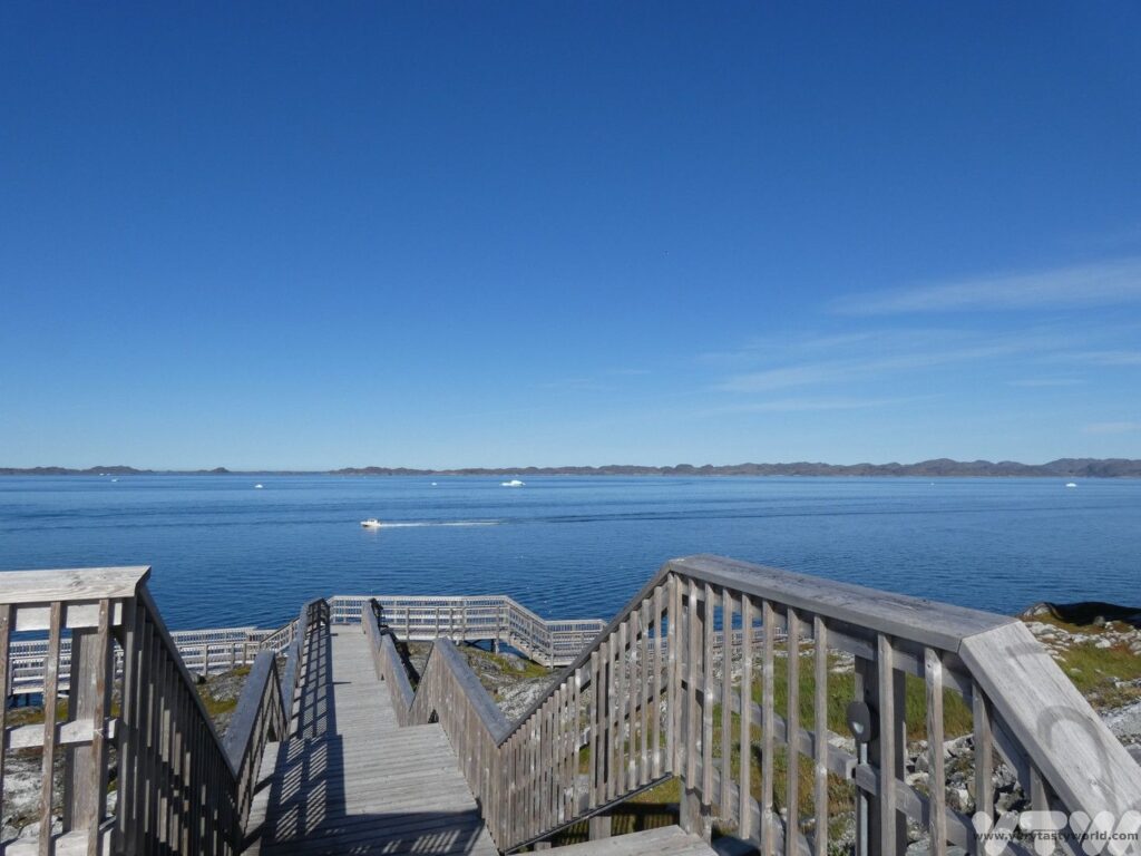 The boardwalk at Nuuk looking out over the blue fjord