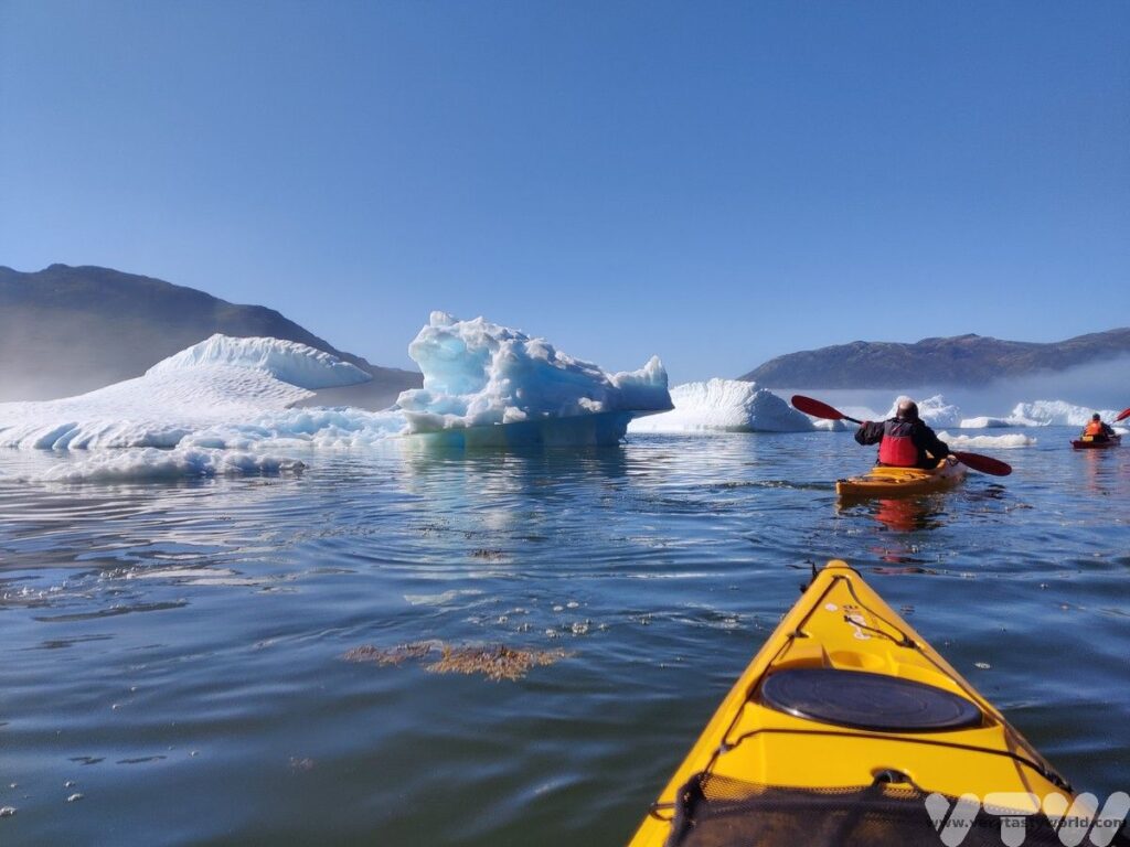 kayaking on the ice fojrd at Camp Kangiusaq