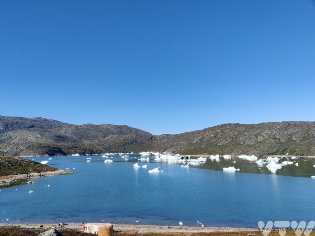 view of lagoon and icebergs Camp Kangiusaq
